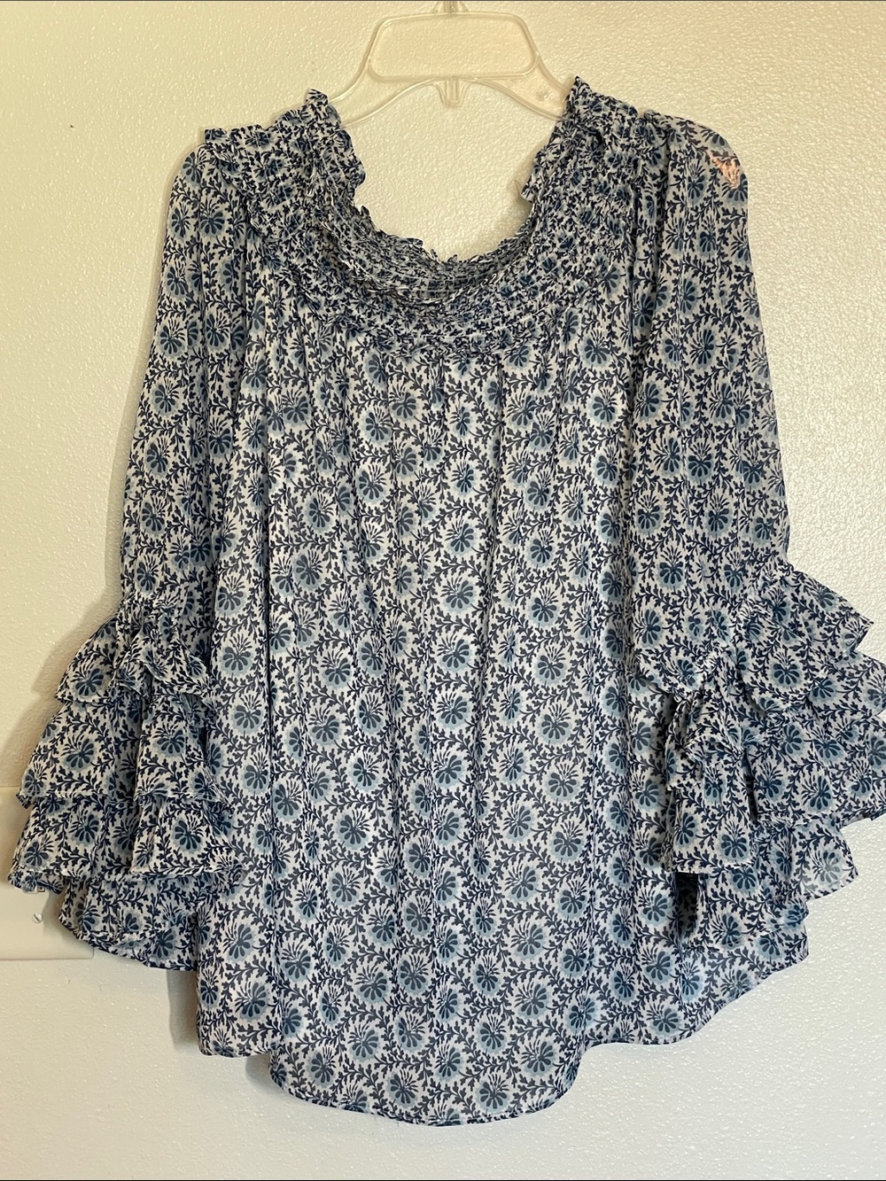 CeCe White and Blue Floral Ruffled-Smock Blouse